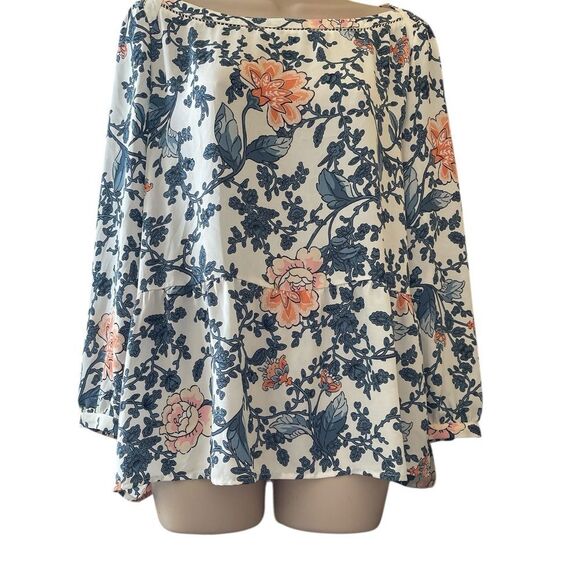 LOFT Floral Neck Details Blouse in white Sheer Floral Print L Navy and Peach - Picture 1 of 6